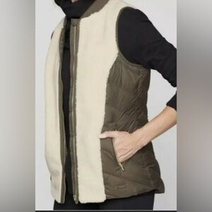 Athleta Responsible Down Tundra Sherpa Puffer Vest in Olive Green and Cream